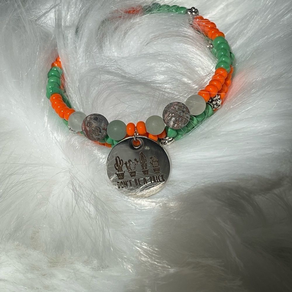 Handmade green beaded‎ wrap bracelet with charm, Don't be a prick bracelet